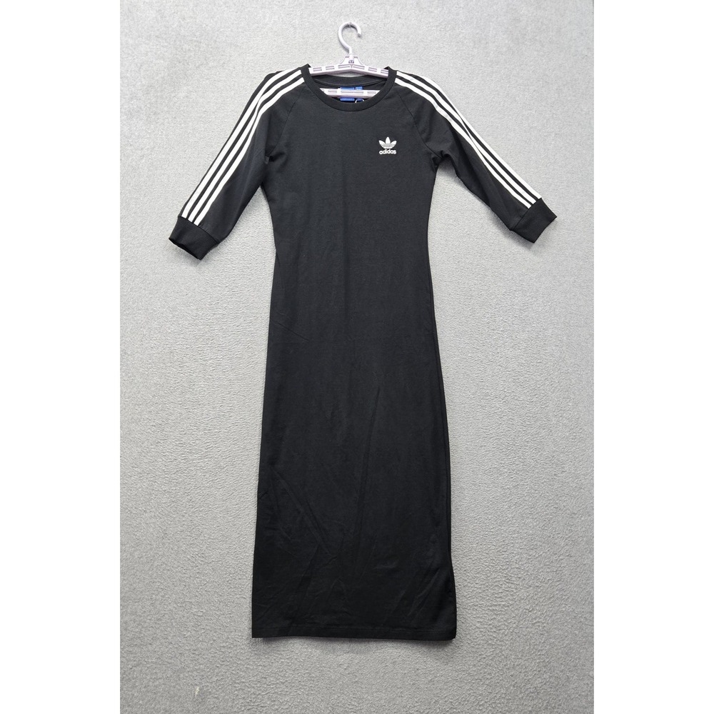 Adidas Women Dress M Black 3 Stripes Midi Bodycon Trefoil Logo Embroidered NWT
